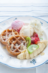 Waffles with ice cream and fruits