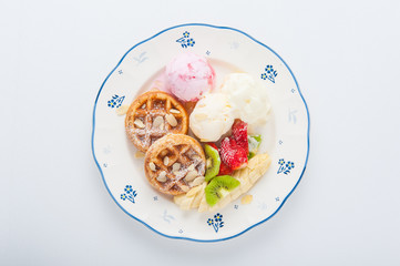 Waffles with ice cream and fruits