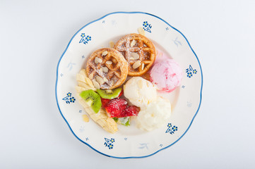 Waffles with ice cream and fruits