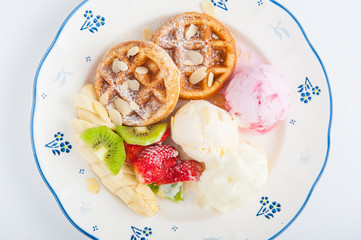 Waffles with ice cream and fruits