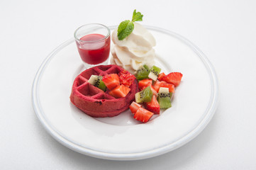 red velvet waffles with ice cream