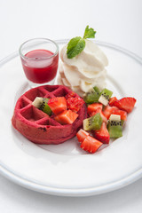 red velvet waffles with ice cream