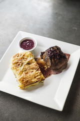 beef steak with potato and cheese bake