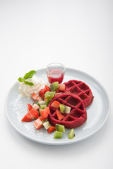 red velvet waffles with ice cream