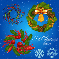 Fototapeta na wymiar Three different Christmas wreath and snowflakes