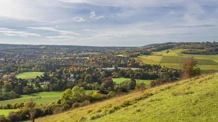 Fototapeta na wymiar View of English countryside in the fall colors, North Downs in Surrey