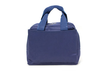 Blue fabric handbag isolated on white.