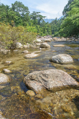 Un-focus image of Brook and rocks in the mountains at Kiriwong v