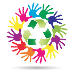 Concept circle of hands, green recycle symbol