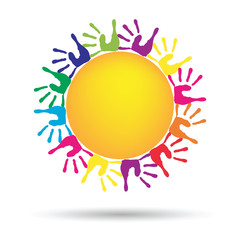 Concept circle of hands, yellow sun symbol