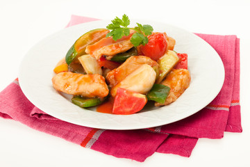 Stir-fried white meat with vegetables.