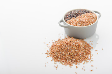Three variety of rice: wild rice, red rice, and white rice. Shallow DOF