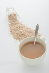 Rice milk in glass and rice crop isolated on white background. V