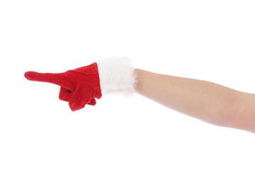 main avec gant de Noël montrant du doigt 