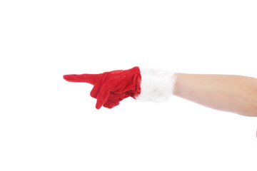 main avec gant de Noël montrant du doigt 