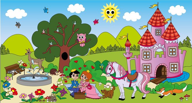 Fototapeta zamek,koń,księżniczka,książę