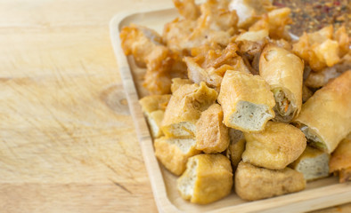 Fried noodle roll, fried Tofu and crispy fried corn ball ,Vegetarian food