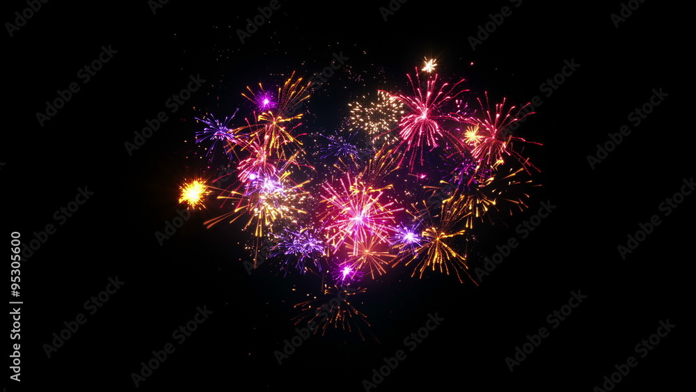 Poster heart shape fireworks display seamless loop animation 4k (4096x2304)