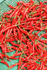 Hot dried red chillies as a textured food background.