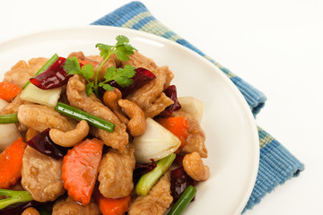Stir-fried meat with cashew nuts and dried chilly pepper.