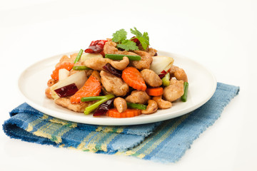Stir-fried meat with cashew nuts and dried chilly pepper.