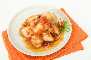 Fried fish fillet in spicy chilly sauce.