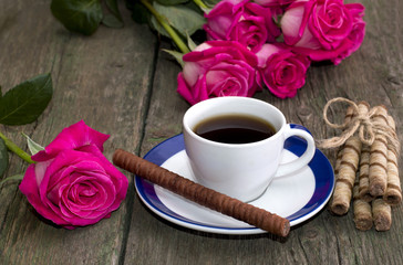 beautiful still life, coffee, roses and linking of cookies