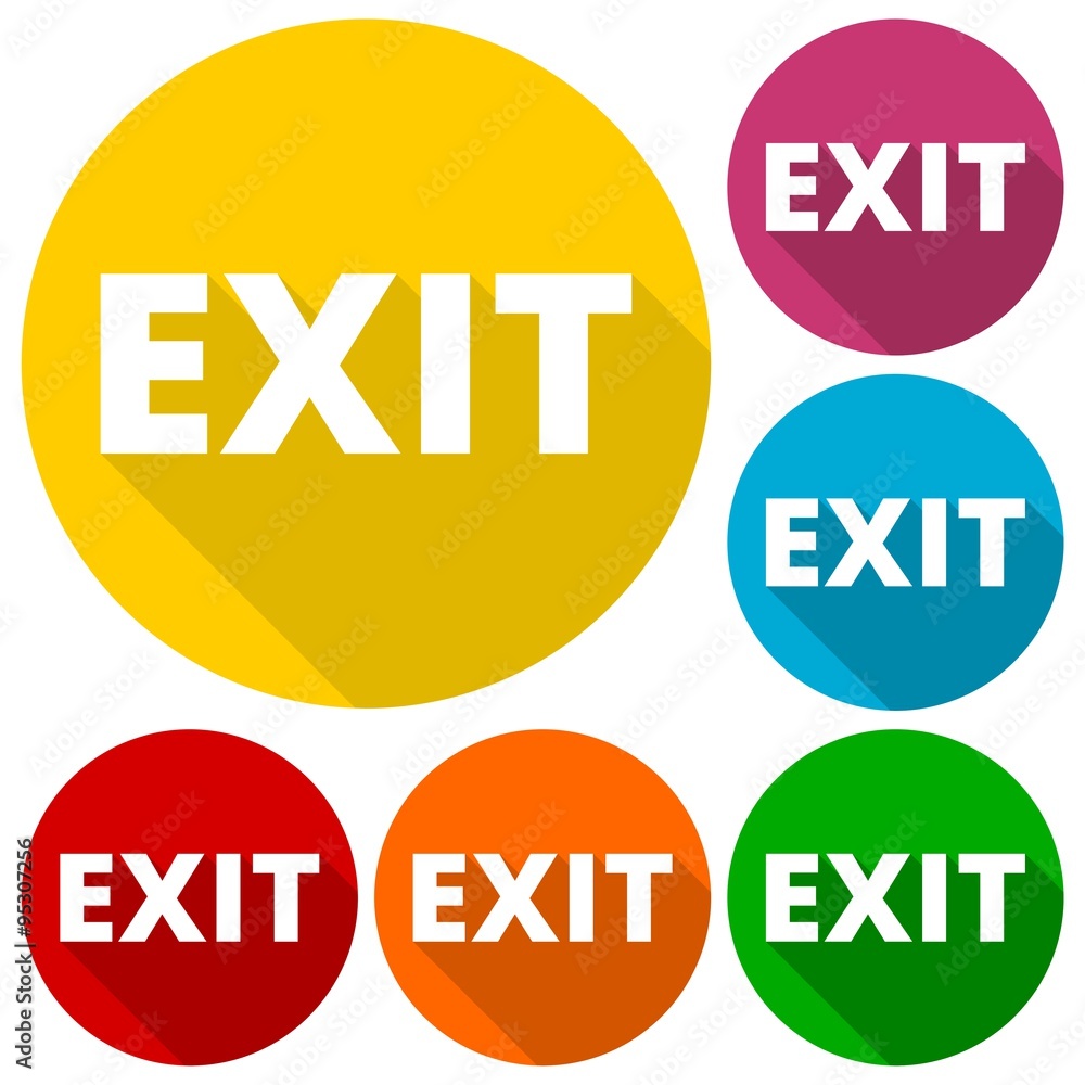 Poster exit icons set with long shadow