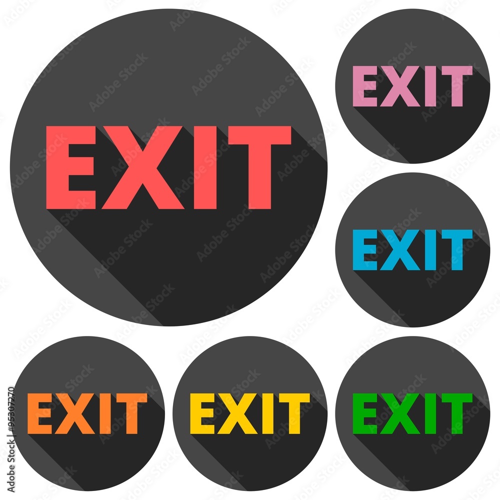 Poster exit icons set with long shadow