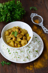 Chicken Curry with Rice on the Plate, Indian Cuisine