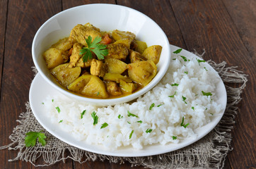Chicken Curry with Rice on the Plate, Indian Cuisine