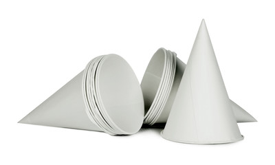 Cone shape disposable paper cups on white background