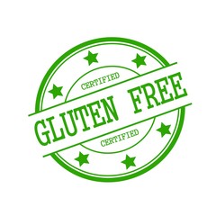 Certified Gluten Free green stamp text on green circle on a white background and star