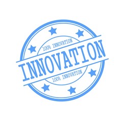 Innovation blue stamp text on blue circle on a white background and star