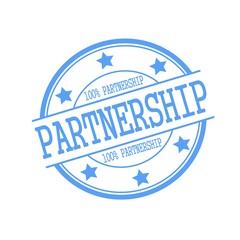 Partnership blue stamp text on blue circle on a white background and star