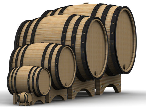 Wooden barrels of different sizes. Isolated on white surface. The three-dimensional illustration
