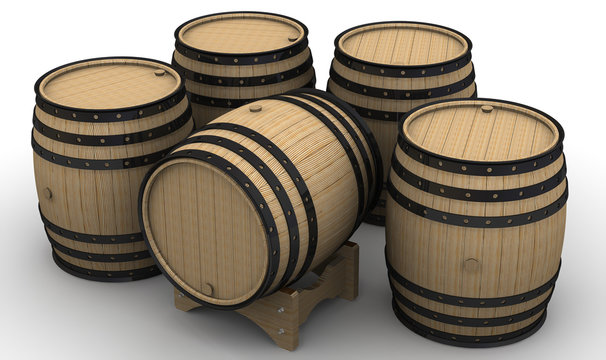 Wooden barrels. Isolated on white surface. The three-dimensional illustration