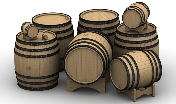 Wooden barrels of different sizes. Isolated on white surface. The three-dimensional illustration
