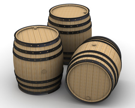 Wooden barrels. Isolated on white surface. The three-dimensional illustration