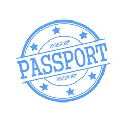 passport blue stamp text on blue circle on a white background and star