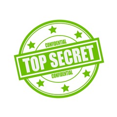 Top Secret white stamp text on circle on green background and star