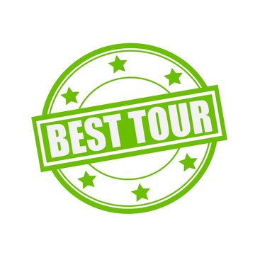Best tour white stamp text on circle on green background and star