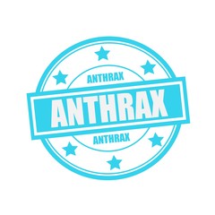 ANTHRAX white stamp text on circle on blue background and star