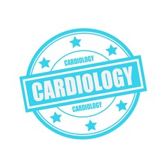 CARDIOLOGY white stamp text on circle on blue background and star
