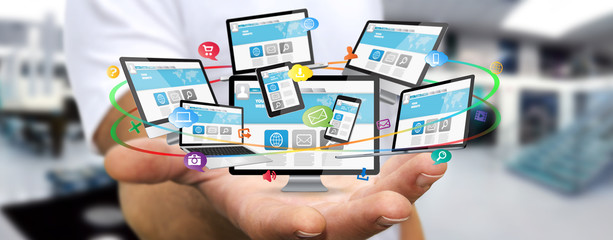 Businessman holding tech device in his hand