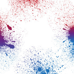 Colorful blue, purple and red grungy paint splashes on white background