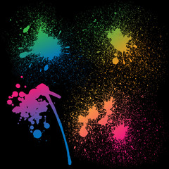 Set of 4 isolated colorful gradient rainbow grunge paint splashes on black background