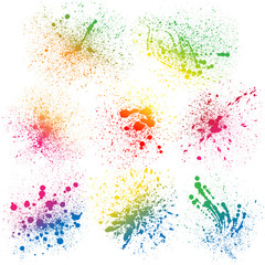 Set of 8 isolated colorful gradient rainbow grunge paint splashes on white background