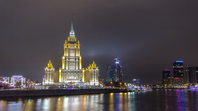 Hotel Ukraine winter night timelapse hyperlapse with bridge over Moscow River
