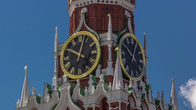 Moscow Kremlin, Red Square. Spasskaya clock tower timelapse hyperlapse